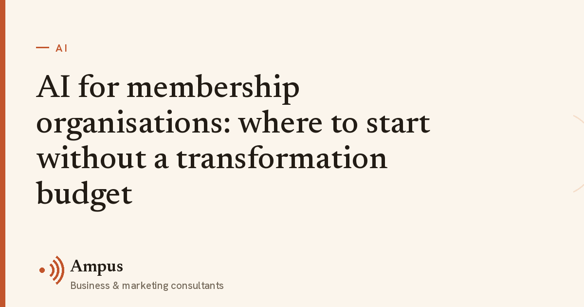 Ampus article card: "AI for membership organisations: where to start without a transformation budget", filed under AI.
