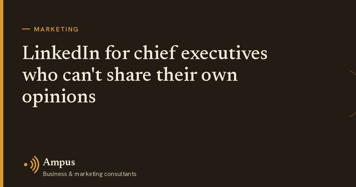 Ampus article card: "LinkedIn for chief executives who can't share their own opinions", filed under Marketing.